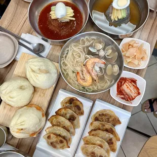 Kalguksu, kimchi pork &amp; pork Wang mandoo, fried kimchi pork &amp; pork mandoo, bibim naengmyeon, &amp; mul naengmyeon (IG: @mylifeaskat_)