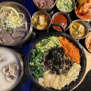 Kalbi Bimbimbap, Kalbitang and oxtail soup with Banchan