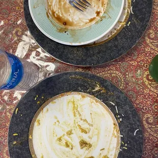 two empty plates and a bottle of water