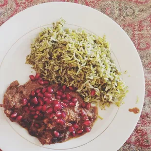 Pomegranate chicken with Lima bean rice
