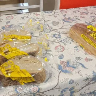 a table with a variety of breads