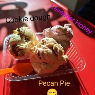 A flight of ice cream cookie dough lavender and pecan pie