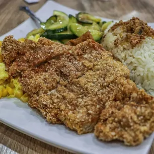 fried chicken, rice, and vegetables
