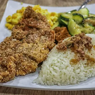 fried chicken, rice and vegetables