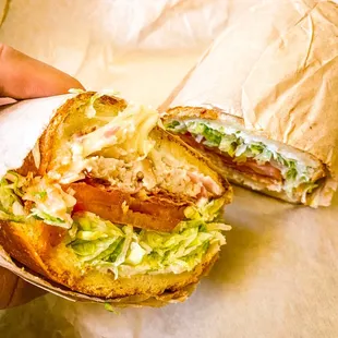 a hand holding a sandwich