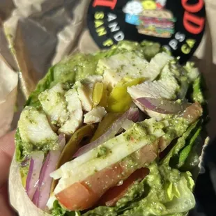 Very delicious lettuce wrapped chicken pesto with veggies. And guess what? It didn't fall apart. It was made very well.