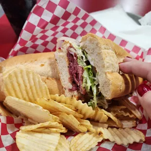 a sandwich and chips
