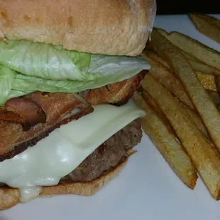 "Your Way Burger" &amp; fries $9.75  Medium rare, w/ bacon, provolone, lettuce, tomato &amp; mayo