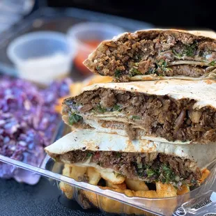 TAKEOUT: Beef &amp; Lamb Shawarma Wrap w/ onions, tahini, lavash | $10.99 + $6 back-home style (sliced w/ fries)