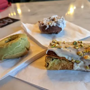 Pistachio-rose pastry, matcha and chocolate mochi donuts