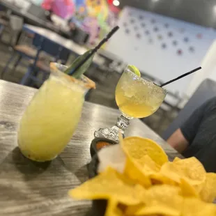 Pineapple margarita, top shelf margarita and their chips and salsa
