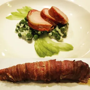 Slow roasted pork tenderloin wrapped with cured bacon and served with a refreshing fresh pea salad