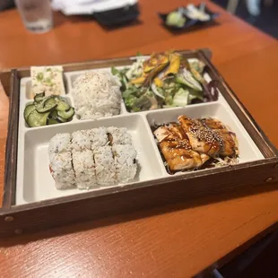 Bento Box with Salmon Teriyaki and Spicy Tuna Roll