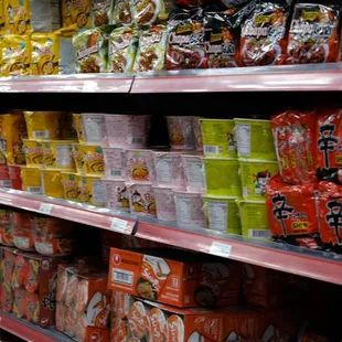 a shelf full of snacks