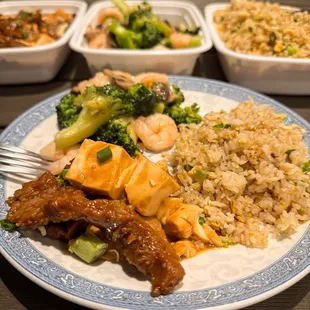 Shrimp Broccoli, Beef Tofu (hot), Egg Fried Rice