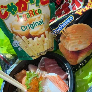 Japanese snacks and a fresh chirashi bowl