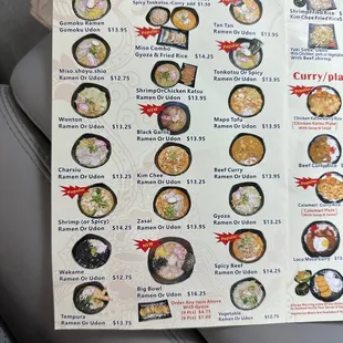 Ramen and Udon menu