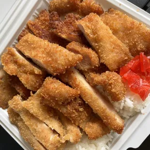 Chicken katsu curry (curry not shown). HUGE portion!!! So juicy and tender!! Best katsu I&apos;ve ever had!