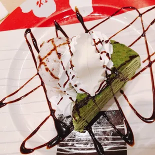 Green tea crepe cake with red bean ice cream