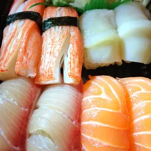 Fake crab, scallops, yellowtail and salmon nigiri - all good