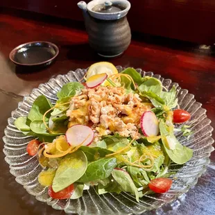 Salmon Flake Salad with Ginger Dressing.