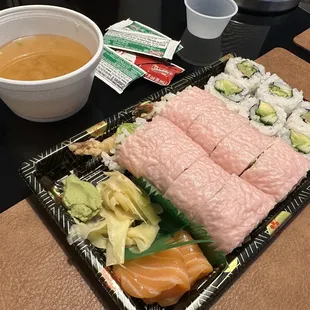 Miso soup, salmon sashimi