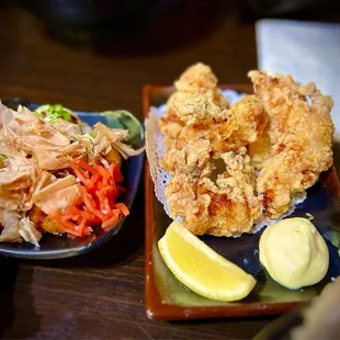 Karaage on the right, takoyaki on the left.