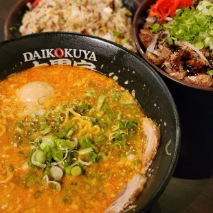 Spicy miso ramen, chashu pork bowl, fried rice.