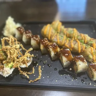 Spider Roll (left) Hot Girl Roll (middle) Golden State Roll (right)