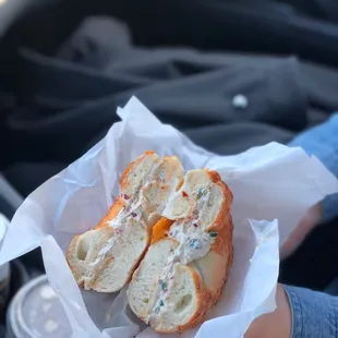 Cheese bagel with jalapeño cream cheese