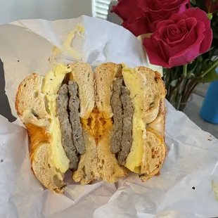 Breakfast bagel with egg and sausage