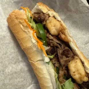 Pork Banh Mi with Grilled Shrimp and Extra Jalapeños