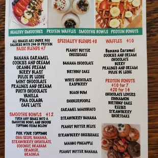 Protein shake, smoothie bowl, waffle, and donut menu
