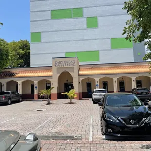 a parking lot in front of a building