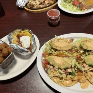 Fish tacos and baked potato