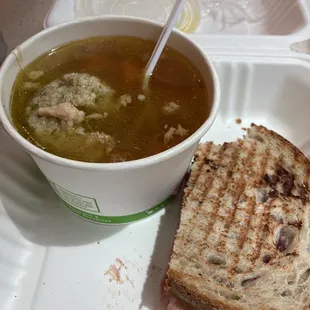 Marionberry jam/ham sandwich with matzo ball soup. Very tasty!