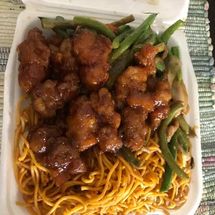 Chow Mein, string Green Bean Chicken, orange chicken plate