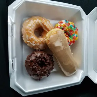 Pumpkin Spice, Chocolate chip chocolate cake, Fruity Pebbles, &amp; Peanut butter filled caramel long john.