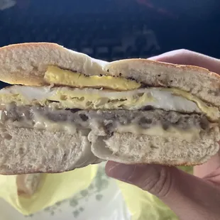 Sausage, egg, and cheese bagel sandwich