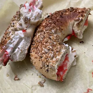 Everything bagel toasted with "strawberry cream cheese"
