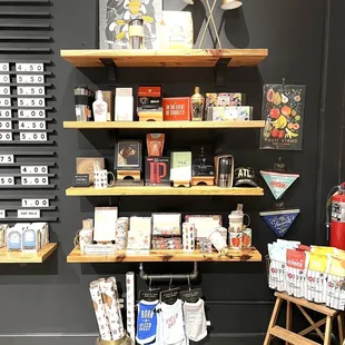 a shelf of coffee and tea products