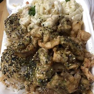 The Lindsay special - hurricane fried chicken, two scoops of Mac salad and hurricane sauce on the rice