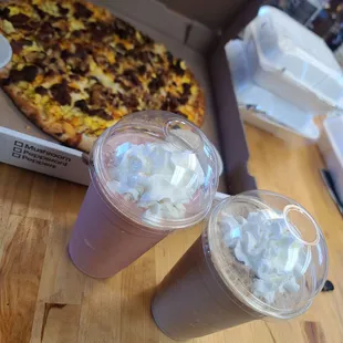 Breakfast pizza was incredible! Worth the wait and highly recommended! White chocolate raspberry &amp; chocolate pb frappes were perfect!
