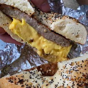 sausage, egg, &amp; cheese on everything bagel