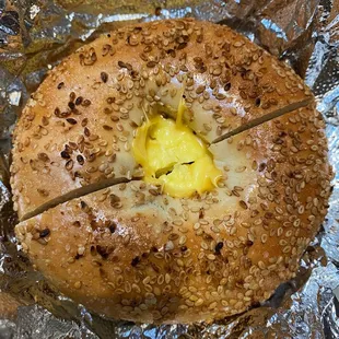 sausage egg &amp; cheese breakfast sandwich on sesame seed bagel