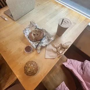 Bacon egg and cheese on a blueberry bagel, banana nut muffin, Java Chip Blended coffee with a pump of caramel
