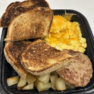 Eggs, toast, grilled potatoes.