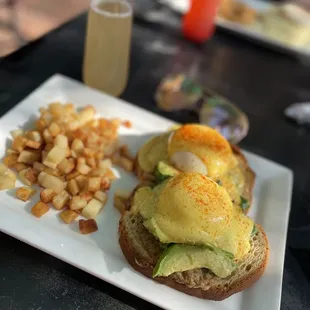 a plate of food and a drink