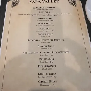 Napa Valley wine list
