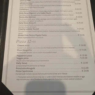 Pasta &amp; Pizza menu items